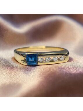 14K Gold Natural Blue Sapphire & Diamond Ring Channel Set Stacking Band Size 6